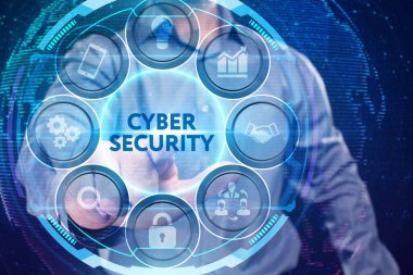 İş, Teknoloji, İnternet ve ağ konsepti. Genç işadamı geleceğin sanal ekranı üzerinde çalışıyor ve yazıyı görüyor.: 