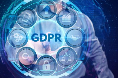 İş, Teknoloji, İnternet ve ağ konsepti. Genç işadamı geleceğin sanal ekranı üzerinde çalışıyor ve yazıyı görüyor.: 