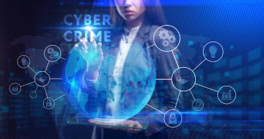 İş, Teknoloji, İnternet ve ağ konsepti. Genç işadamı geleceğin sanal ekranı üzerinde çalışıyor ve yazıyı görüyor.: 