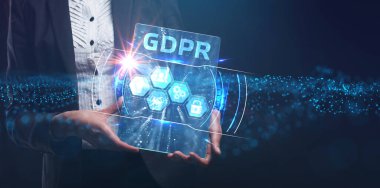 İş, Teknoloji, İnternet ve ağ konsepti. Genç işadamı geleceğin sanal ekranı üzerinde çalışıyor ve yazıyı görüyor.: 