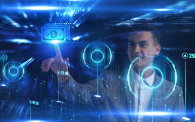 İş, Teknoloji, İnternet ve ağ konsepti. Genç işadamı geleceğin sanal ekranı üzerinde çalışıyor ve yazıyı görüyor.: 