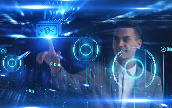 İş, Teknoloji, İnternet ve ağ konsepti. Genç işadamı geleceğin sanal ekranı üzerinde çalışıyor ve yazıyı görüyor.: 