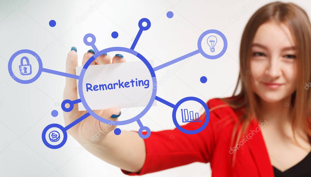 Business, Technology, Internet and network concept. Young businessman working on a virtual screen of the future and sees the inscription: Remarketing
