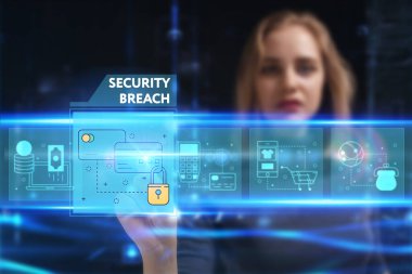 İş, teknoloji, internet ve ağ konsepti. Genç işadamı başarılı büyüme adımları üzerinde düşünüyor: güvenlik ihlali