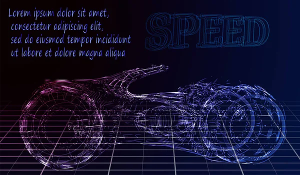 Motocicleta futurista ou bicicleta de linhas de néon em um fundo azul. Ilustração vetorial — Vetor de Stock