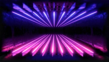 3D render. Geometrik figür neon ışık karanlık bir tünele karşı. Lazer çizgi kızdırma.