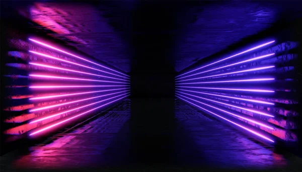 3D render. Geometrik figür neon ışık karanlık bir tünele karşı. Lazer çizgi kızdırma.