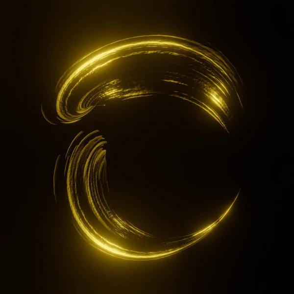 3d rendering. Neon gold paint oil on a black background with bright highlights. Spot in the form of a spiral.