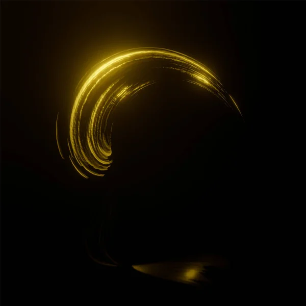 3d rendering. Neon gold paint oil on a black background with bright highlights. Spot in the form of a spiral.