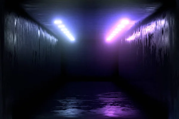 Render Geometrik Figür Neon Işık Karanlık Bir Tünele Karşı Lazer — Stok fotoğraf