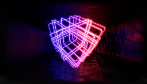 Megjelenítés Geometriai Ábra Neon Fény Ellen Egy Sötét Alagútban Lézer — Stock Fotó