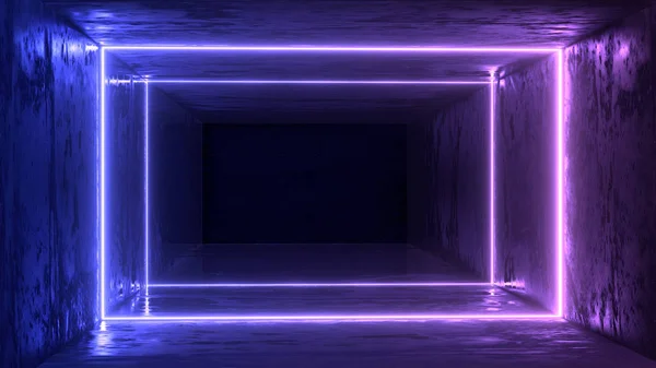 Render Geometriai Ábra Neon Fény Ellen Egy Sötét Alagútban Szilikoncső — Stock Fotó