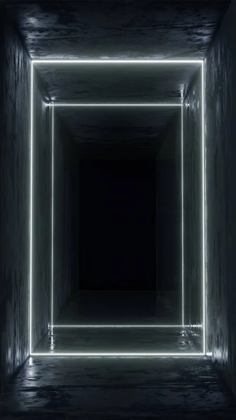 Render Geometric Figure Neon Light Dark Tunnel Laser Line Glow — Stock Photo, Image