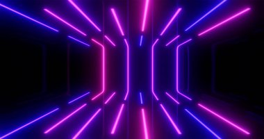 Üç boyutlu görüntüleme. Karanlık bir tünele karşı neon ışıktaki geometrik figür. Lazer parıltısı.