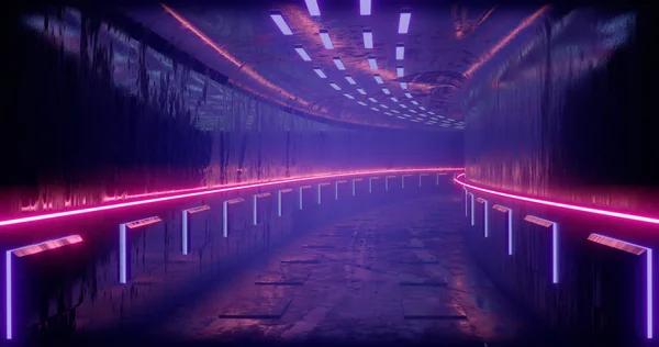 3D rendering illustration. Sci-Fi futuristic abstract gradient blue violet pink neon. A glowing corridor on the reflection of the concrete floor. A dark interior room.