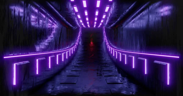 3 d レンダリング図。特撮未来抽象グラデーション ブルー バイオレット ピンクのネオン。コンクリートの床の反射で光る廊下。暗いインテリア部屋. — ストック写真