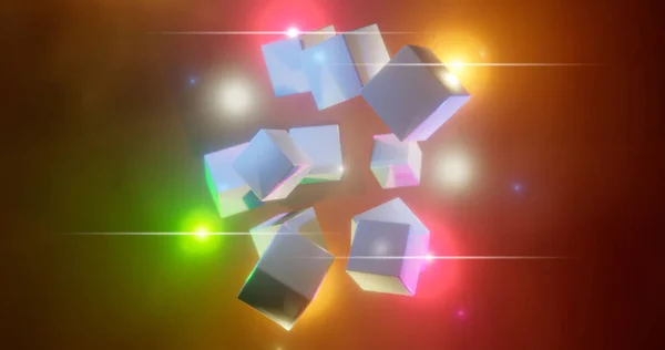 Renderização 3D. Cubos multicoloridos em um fundo brilhante. Figuras geométricas cercadas por brilhantes destaques. Ambiente colorido — Fotografia de Stock
