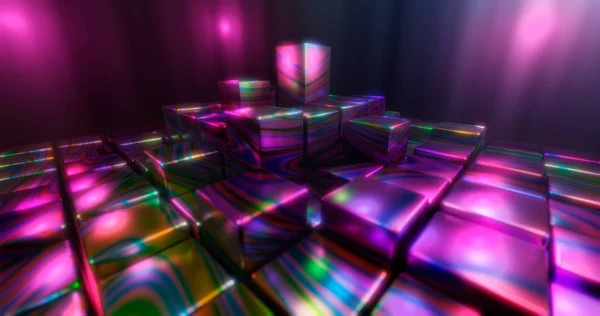 3D рендеринг. Разноцветные кубики на ярком фоне. Геометрические фигуры в окружении ярких бликов. Красочная среда — стоковое фото