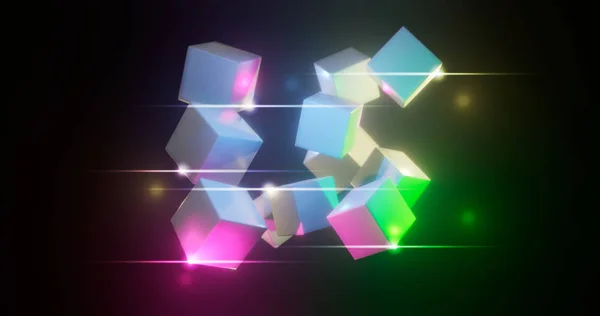 3D візуалізація. Різнокольорові кубики на яскравому фоні. Геометричні фігури, оточені яскравими родзинками. Барвисте середовище — стокове фото