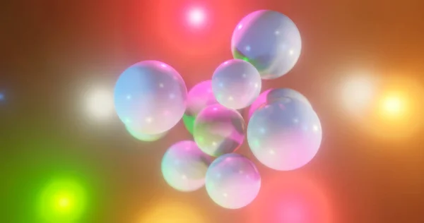3D візуалізація. Різнокольорові кульки на яскравому фоні. Сфери, оточені яскравими родзинками. Барвисте середовище — стокове фото