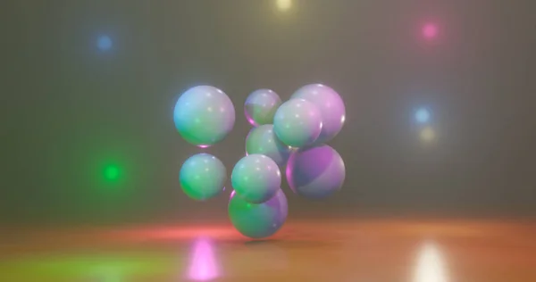 3D візуалізація. Різнокольорові кульки на яскравому фоні. Сфери, оточені яскравими родзинками. Барвисте середовище — стокове фото