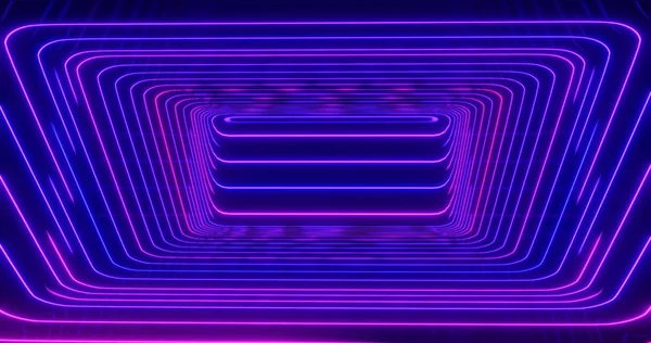 3D-återgivning. Geometrisk figur i neonljus mot en mörk tunnel. Laserglöd. — Stockfoto