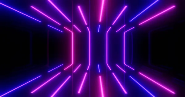 Üç boyutlu görüntüleme. Karanlık bir tünele karşı neon ışıktaki geometrik figür. Lazer parıltısı.