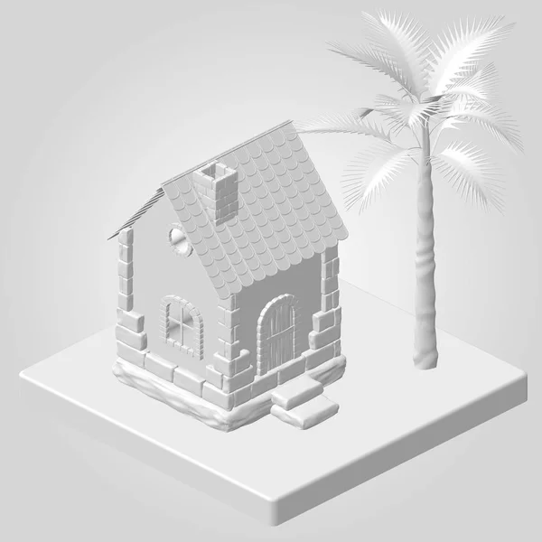 Eps10. Old stone house with a tropical tree in gray tones in isometric style on a white background. — Stock Vector