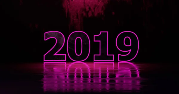 Візуалізація Новим 2019 Роком Святкова Ілюстрація Фіолетових Неонових Чисел 2019 — стокове фото
