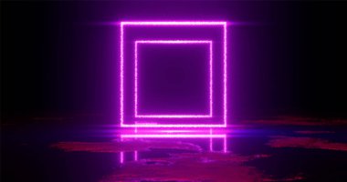 3D render illüstrasyon. Mor ve kırmızı neon ışık siyah bir zemin üzerine kare. Neon çerçeve tasarımınız için.