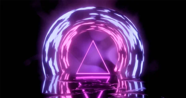 3d rendering illustration. Triangle Purple and red neon light on a black background. Neon frame for your design.