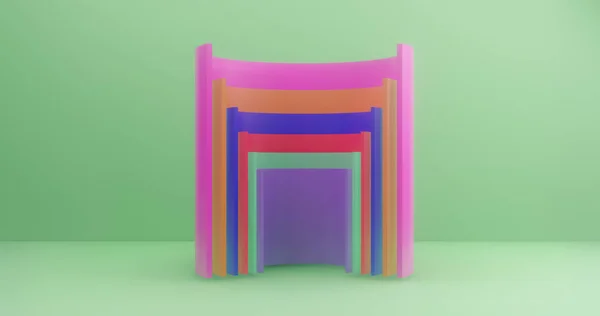 3D-rendering. Flerfärgad skär cylindrar på bakgrunden av grön duk. Abstrakt bild. — Stockfoto