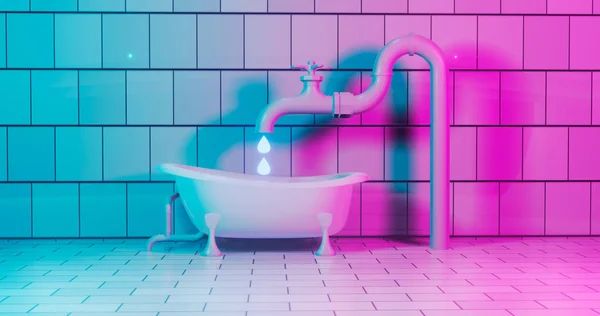 3D-rendering. De badkamer is uitgerust met een badkuip, kraan en rioolbuizen in blauwe en roze tinten. Abstracte illustratie. Achtergrond — Stockfoto
