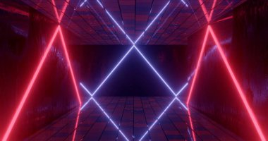 3D render. Yeraltı tüneli veya koridor parlak neon lambalı yaktı. Fütüristik arka plan. Karanlık zindan.