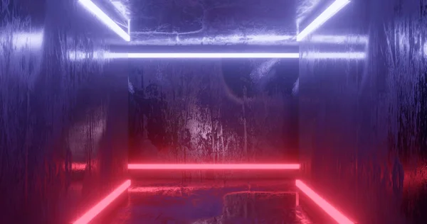 3D render. Yeraltı tüneli veya koridor parlak neon lambalı yaktı. Fütüristik arka plan. Karanlık zindan.