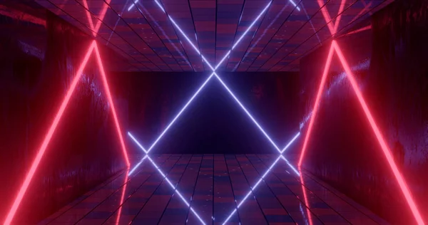 3D-leképezést. Földalatti alagút vagy a folyosó fényes neon lámpa világít. Futurisztikus háttér. Sötét tömlöcbe. — Stock Fotó