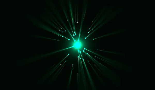 Laserstrahlen von Grün, die in verschiedene Richtungen emittiert werden. Vektorillustration. Lichteffekte Nacht Hintergrund — Stockvektor