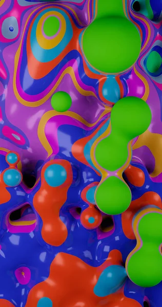 3D-Darstellung. abstrakte Darstellung mehrfarbiger Glühbirnen. zähflüssige Flüssigkeit in der Schwerelosigkeit. Hintergrund — Stockfoto