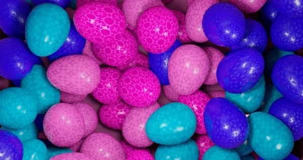 Renderizado 3d. Ilustración de huevos de Pascua de color azul, azul y rosa. Fondo festivo — Foto de Stock