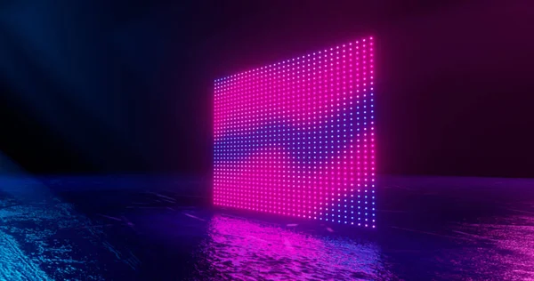 Rendu 3D, abstrait, pixels de l'écran, points lumineux, néons, réalité virtuelle, spectre ultraviolet, bleu rose couleurs vives, podium de mode défilé, spectacle laser, scène, isolé sur noir — Photo