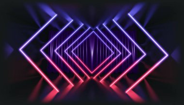 Üç boyutlu görüntüleme. Karanlık bir tünele karşı neon ışıktaki geometrik figür. Lazer parıltısı.