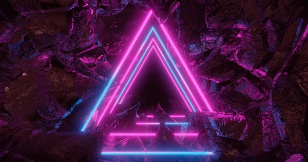 3D rendering, abstract background, space landscape, triangular portal, pink blue neon light, virtual reality, energy source, glowing corridor, dark space, ultraviolet spectrum, laser, smoke, fog, eart