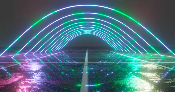 3D vykreslování. Geometrická postava v neonovém světle proti temnému tunelu. Laserová záře. — Stock fotografie
