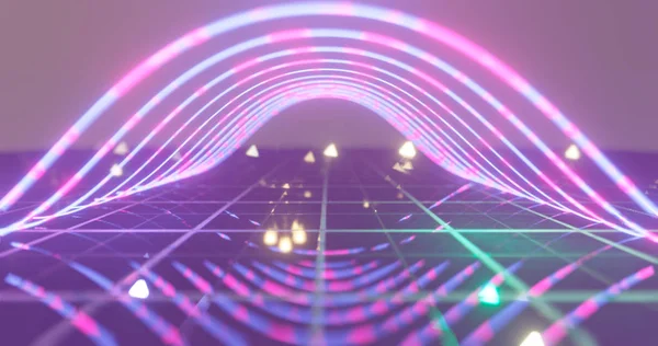 3Dレンダリング。暗いトンネルに対するネオンライトの幾何学的な図。レーザー光. — ストック写真
