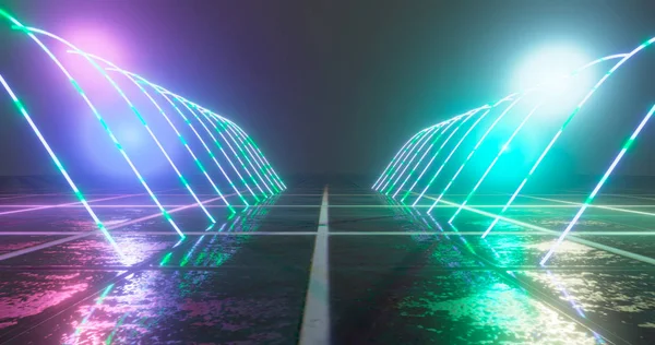 Renderização 3D. Figura geométrica em luz de néon contra um túnel escuro. Brilho laser. — Fotografia de Stock