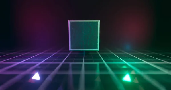 Üç boyutlu görüntüleme. Karanlık bir tünele karşı neon ışıktaki geometrik figür. Lazer parıltısı. — Stok fotoğraf