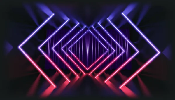 Üç boyutlu görüntüleme. Karanlık bir tünele karşı neon ışıktaki geometrik figür. Lazer parıltısı.