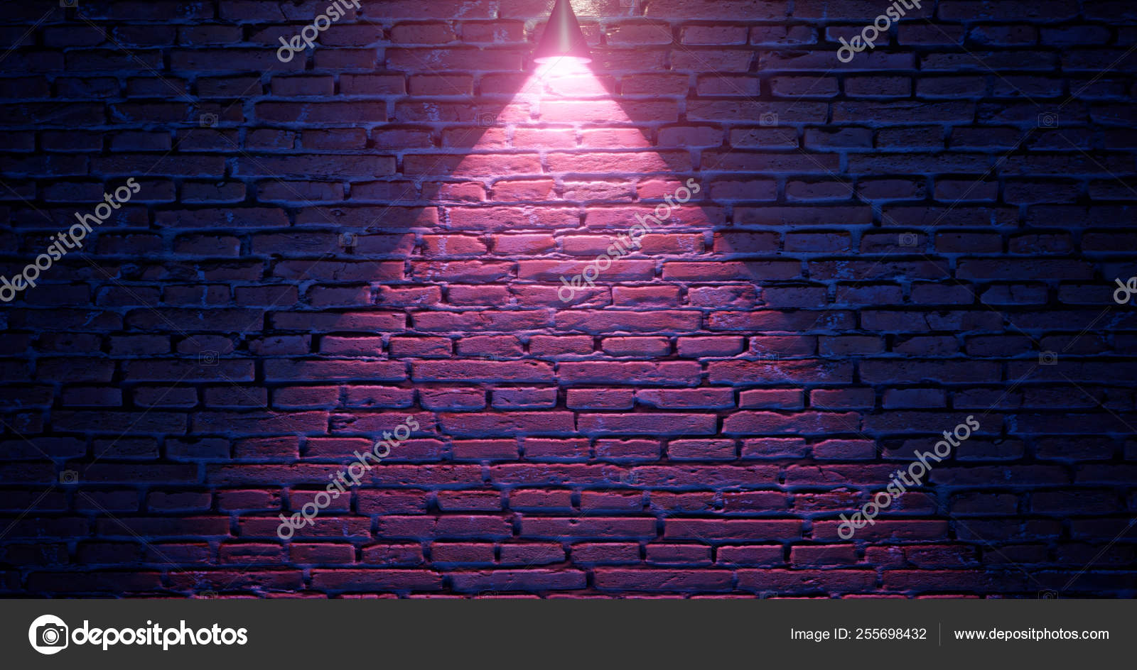3D渲染。用聚光灯发出的霓虹灯照亮的砖墙。发球表面的光效应. ——图库图片© Shacil #255698432