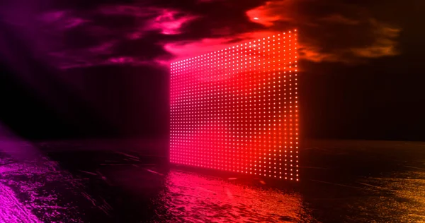 3D renderelés, absztrakt, képernyő pixel, ragyogó pontok, neonfények, virtuális valóság, ultraibolya spektrum, élénk rózsaszín kék színben, kifutón a kifutón, lézer show,. Füst és szmog a neonfényben — Stock Fotó