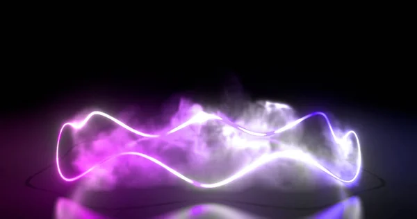 3d render. Neon zemin yansıması ile siyah bir arka plan üzerinde geometrik şekiller şeklinde eğrileri. Parlak sahne. Neon ışıkta duman ve sis — Stok fotoğraf